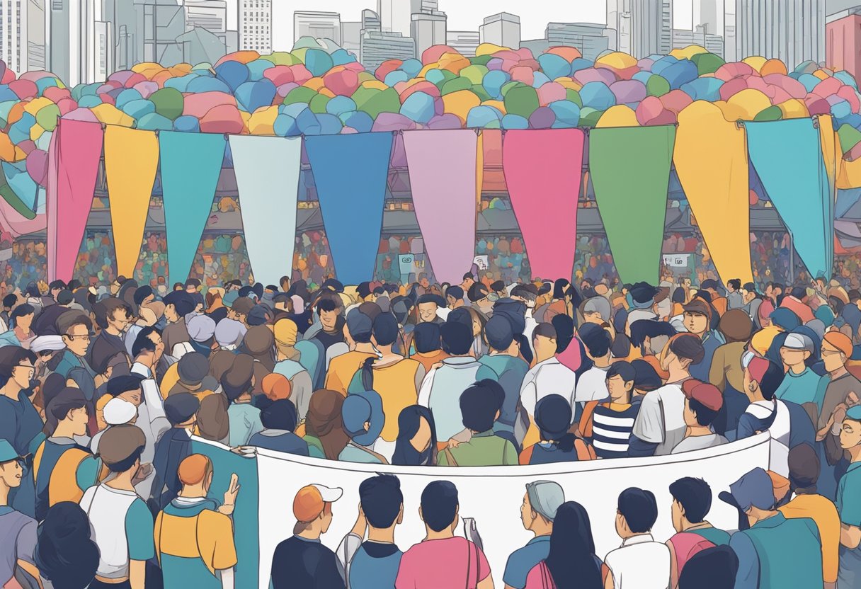 A crowd gathers around a large banner reading "Frequently Asked Questions Coldplay Singapore." People eagerly line up to ask questions at a booth, while others chat and laugh in the background