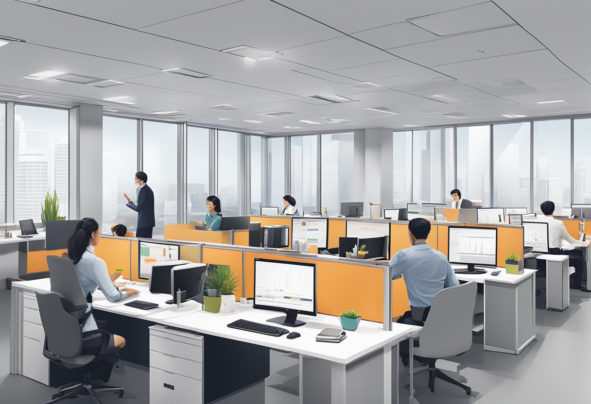 A modern office setting with the OCBC Financial Services logo prominently displayed, employees working at their desks, and clients engaged in meetings with advisors