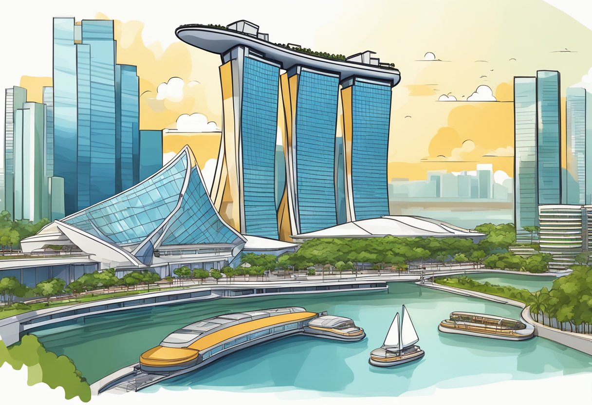 The iconic Marina Bay Sands in Singapore, with its three towering hotel buildings connected by a massive rooftop SkyPark