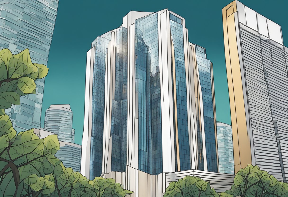 The MAS building stands tall against a backdrop of modern skyscrapers, its sleek and contemporary design exuding authority and stability. The iconic logo is prominently displayed, representing the central bank's role in maintaining monetary stability and financial supervision in Singapore
