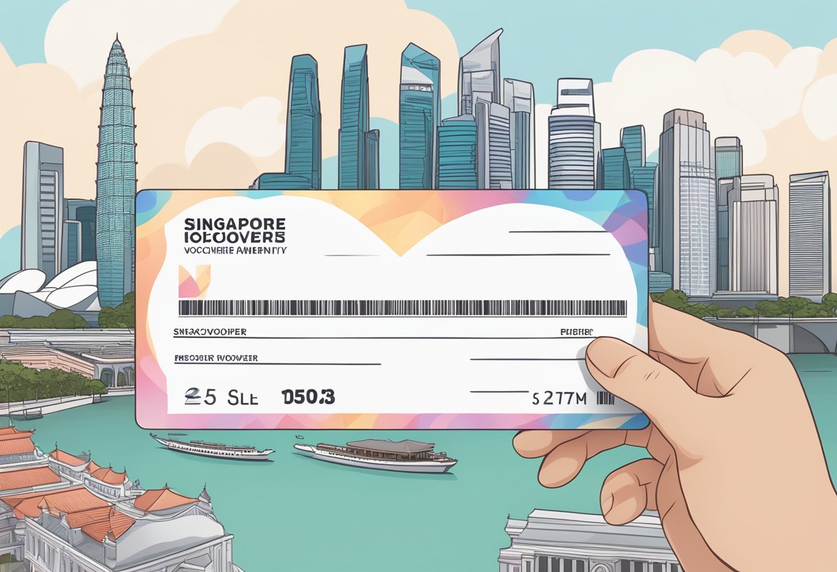 A hand holding a Singapore Rediscover Voucher against a backdrop of iconic Singapore landmarks