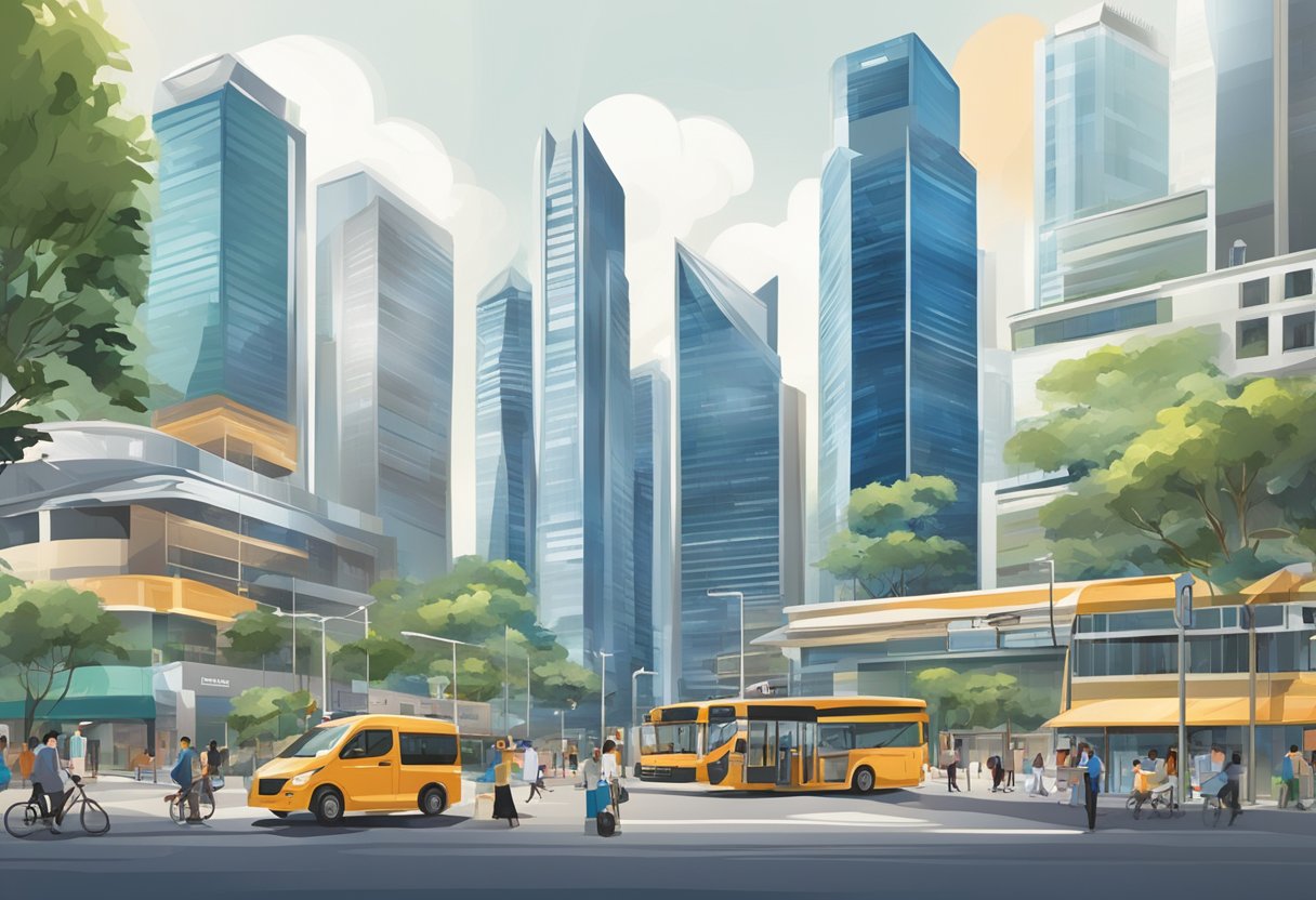 A bustling financial district in Singapore with modern skyscrapers and bustling with activity, with signs and logos of various financial services and instruments companies