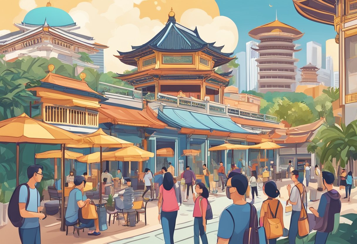 People redeeming Singapore Rediscover Vouchers at various attractions and merchants, enjoying discounts and exploring local experiences