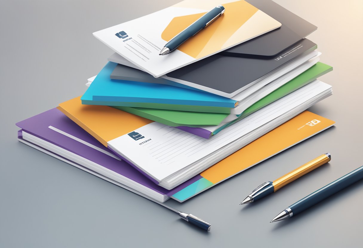 A stack of FAQ brochures on a clean, modern desk with a sleek laptop and a branded pen