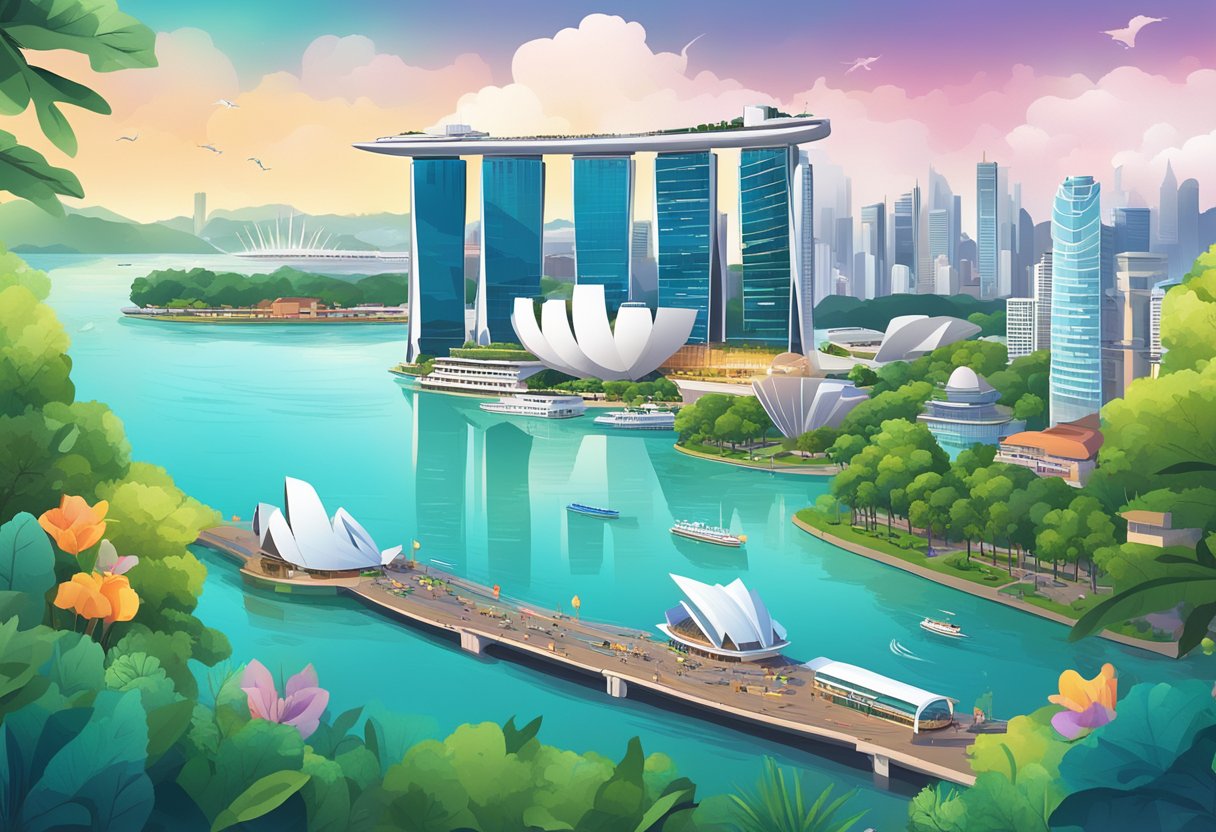 A vibrant city skyline with iconic landmarks, surrounded by lush greenery and sparkling waters, showcasing the diverse attractions and activities available for redemption using the Singapore Rediscover Voucher