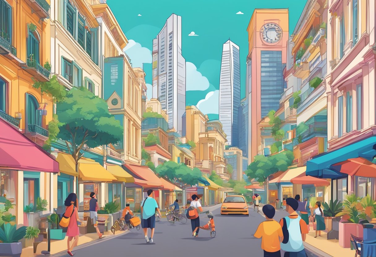 The Singapore Rediscover voucher FAQ page shows a colorful, dynamic cityscape with iconic landmarks and a diverse mix of people enjoying various activities