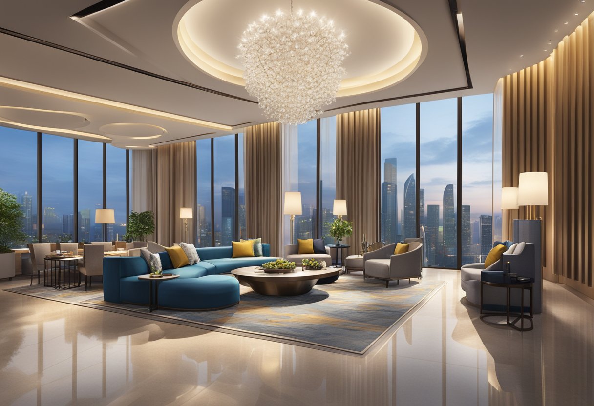 The bustling lobby of Dorsett Singapore, with modern decor and a grand chandelier, overlooks the city skyline through floor-to-ceiling windows