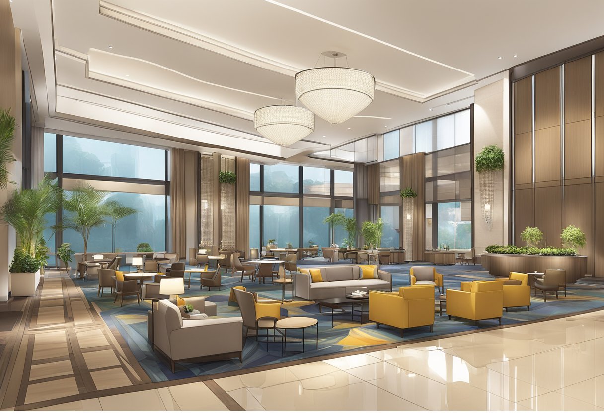 The Dorsett Singapore hotel lobby is modern and spacious, with comfortable seating and stylish decor. The amenities include a fitness center, swimming pool, and a variety of dining options