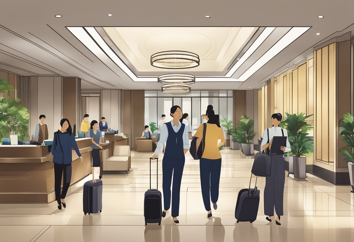 The bustling lobby of Dorsett Singapore, with guests checking in and out, and staff assisting with luggage. The modern design and sleek furnishings create a welcoming and stylish atmosphere