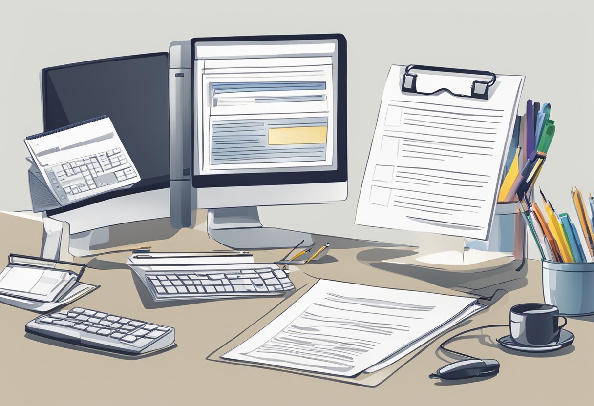 A desk with a computer, pen, and paper. A sign with "Frequently Asked Questions" and "Dorsett Singapore" displayed prominently