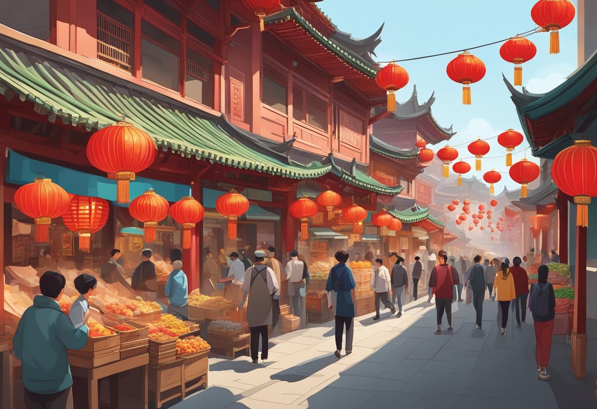 Busy Chinatown market with colorful shopfronts, bustling crowds, and traditional Chinese architecture. Red lanterns hang above narrow streets filled with food stalls and souvenir shops