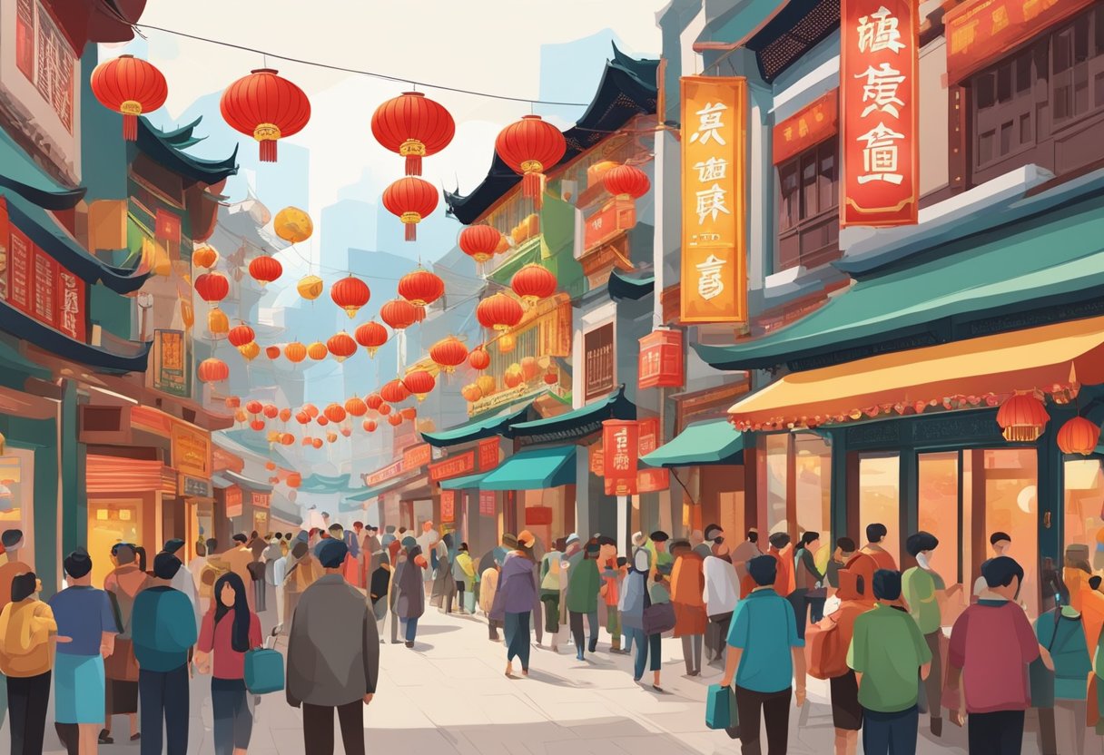 Busy Chinatown streets with colorful shopfronts, lanterns, and bustling crowds. Traditional architecture and vibrant cultural displays