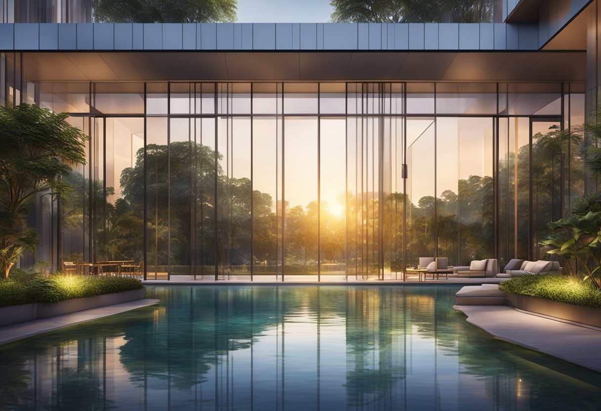 The sun sets behind the modern glass facade of Oakwood Studios Singapore, casting a warm glow on the surrounding lush greenery and reflecting off the tranquil pool
