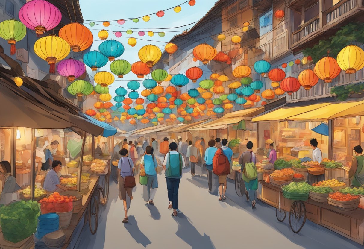 Brightly colored lanterns hang above bustling streets, where vendors sell traditional crafts and savory street food. The air is filled with the sounds of clanging woks and excited chatter