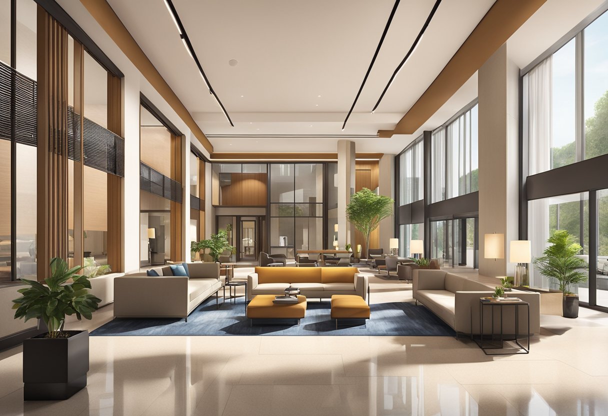 The scene depicts a modern and stylish lobby area with sleek furniture, clean lines, and a warm color palette. The space is well-lit with natural light streaming in through large windows, creating a welcoming and inviting atmosphere