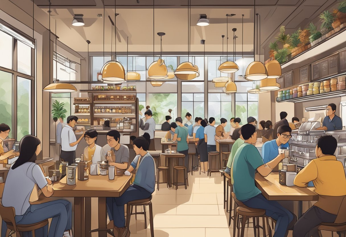 A bustling Luckin Coffee shop in Singapore, filled with customers enjoying their beverages and snacks, while the aroma of freshly brewed coffee fills the air
