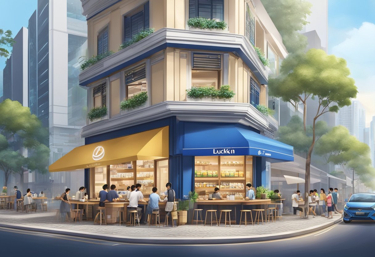 Luckin Coffee's storefront in Singapore, with a modern and inviting design, surrounded by bustling city streets and a diverse crowd of customers