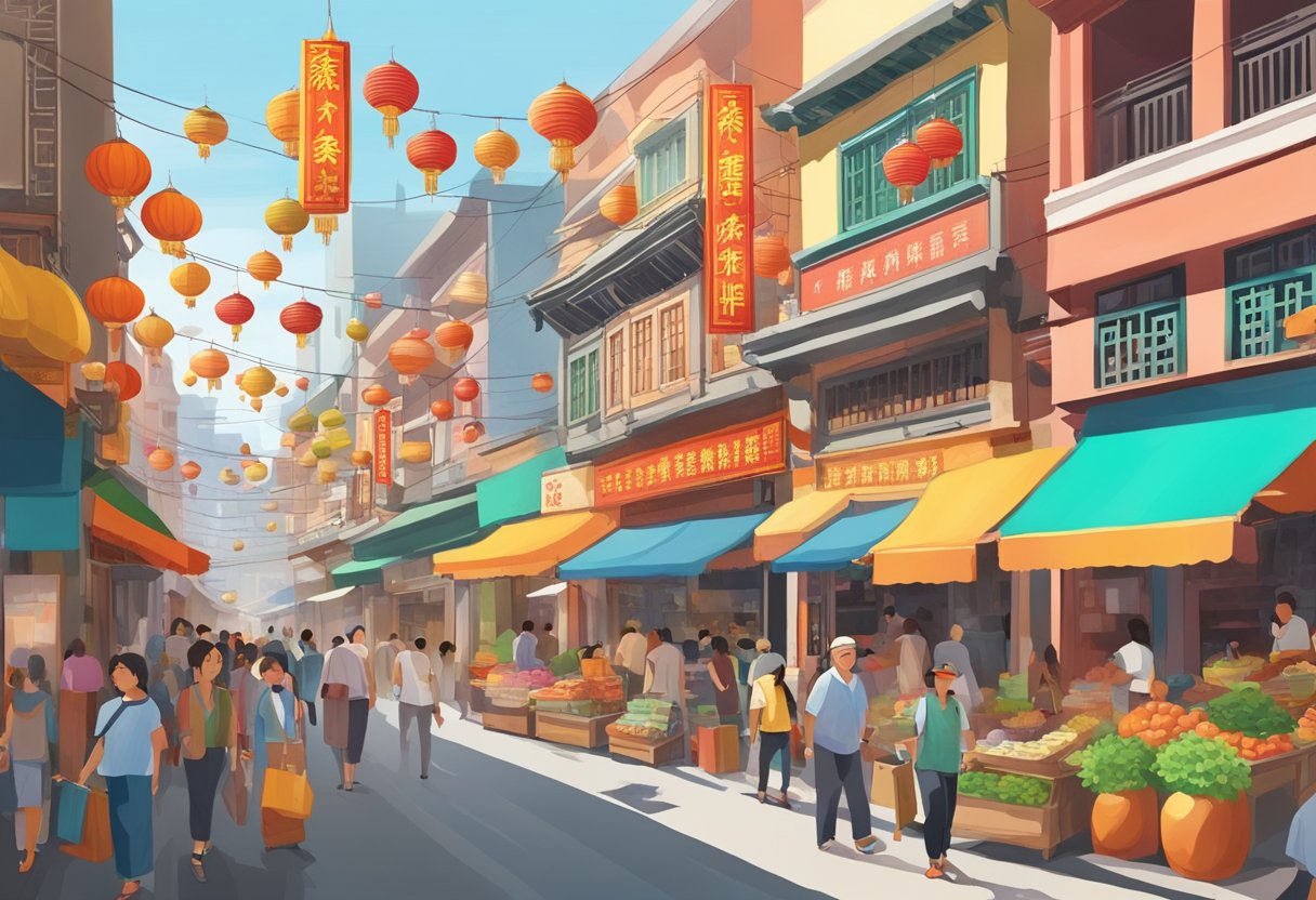 Busy Chinatown street with colorful shop fronts, bustling market stalls, and a mix of locals and tourists