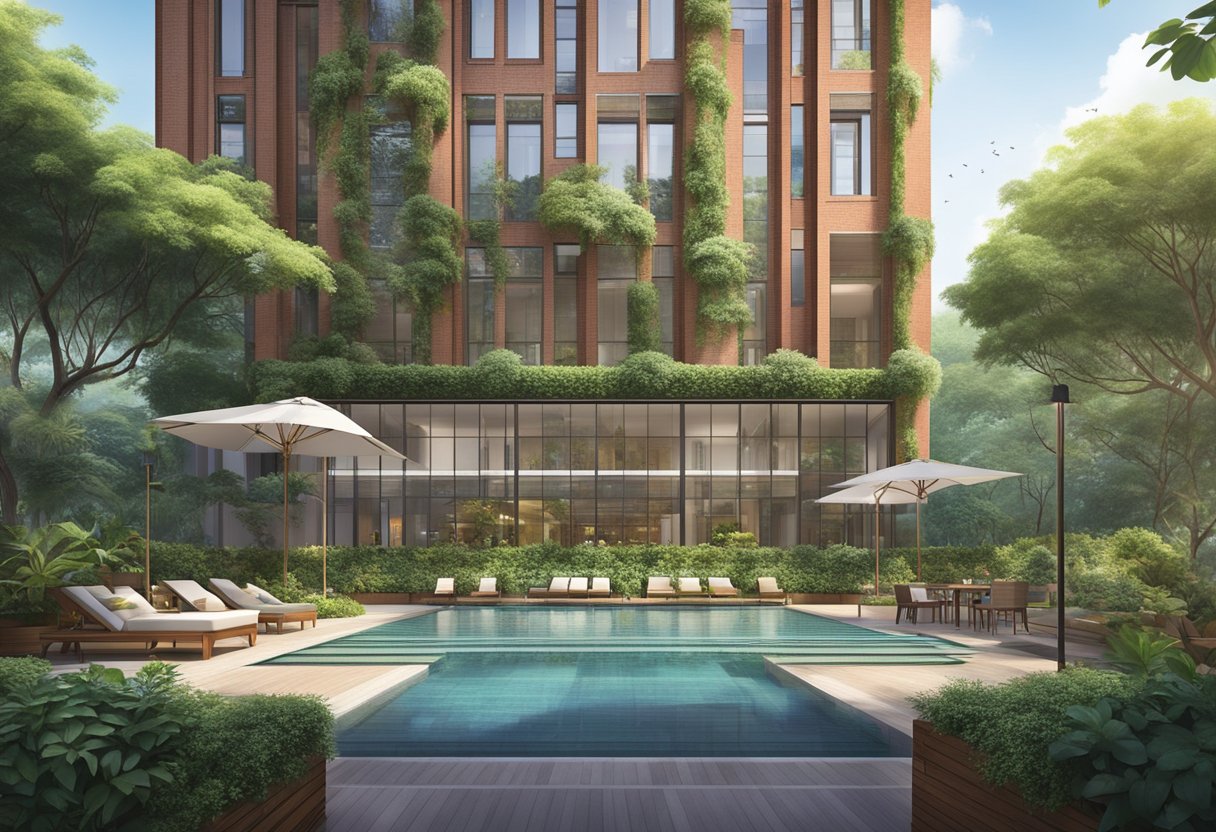 The iconic red-brick façade of Oakwood Studios Singapore stands tall against the backdrop of lush greenery. The modern architecture and tranquil surroundings create a serene and inviting atmosphere for guests