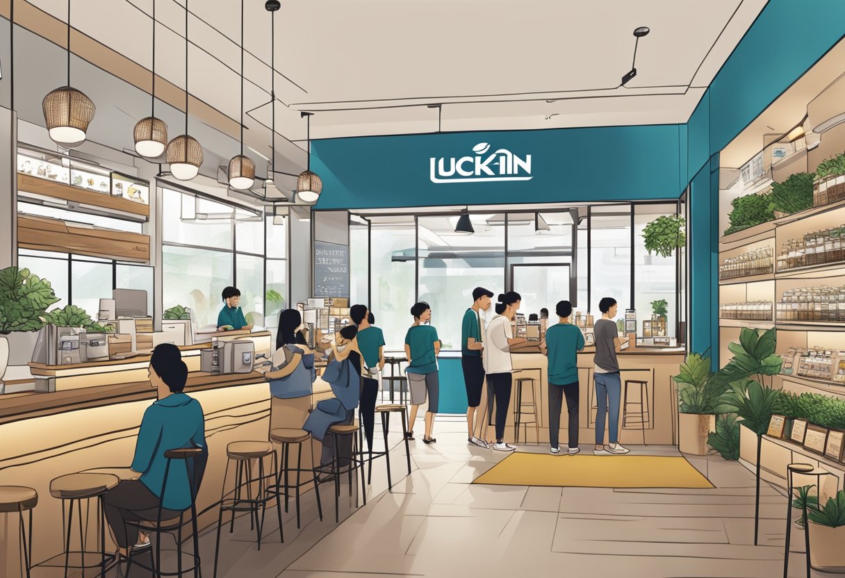 A bustling Luckin Coffee store in Singapore, with modern decor and vibrant branding. Customers enjoy a seamless and personalized ordering experience