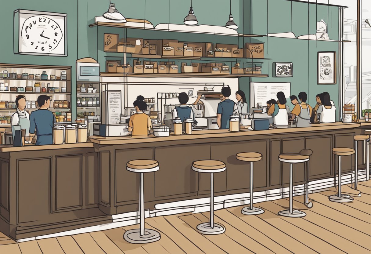 A bustling coffee shop with a prominent "Frequently Asked Questions" sign in Singapore. Customers line up for their orders, while baristas work behind the counter