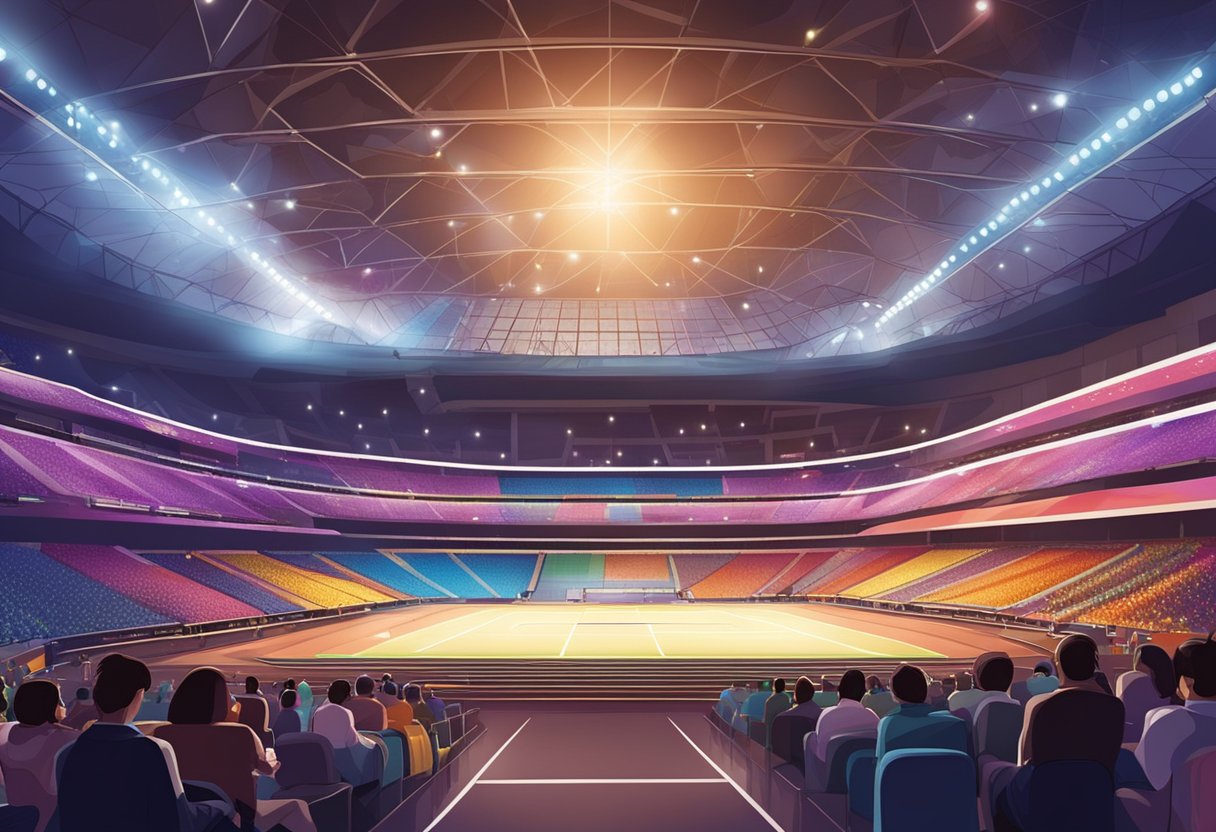 The Singapore Indoor Stadium is filled with vibrant lights, showcasing the grand stage and seating area, creating an atmosphere of excitement and anticipation