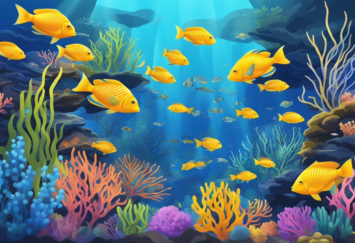 Colorful fish swim through coral reefs in the Sea Aquarium Singapore, surrounded by clear blue water and vibrant marine life