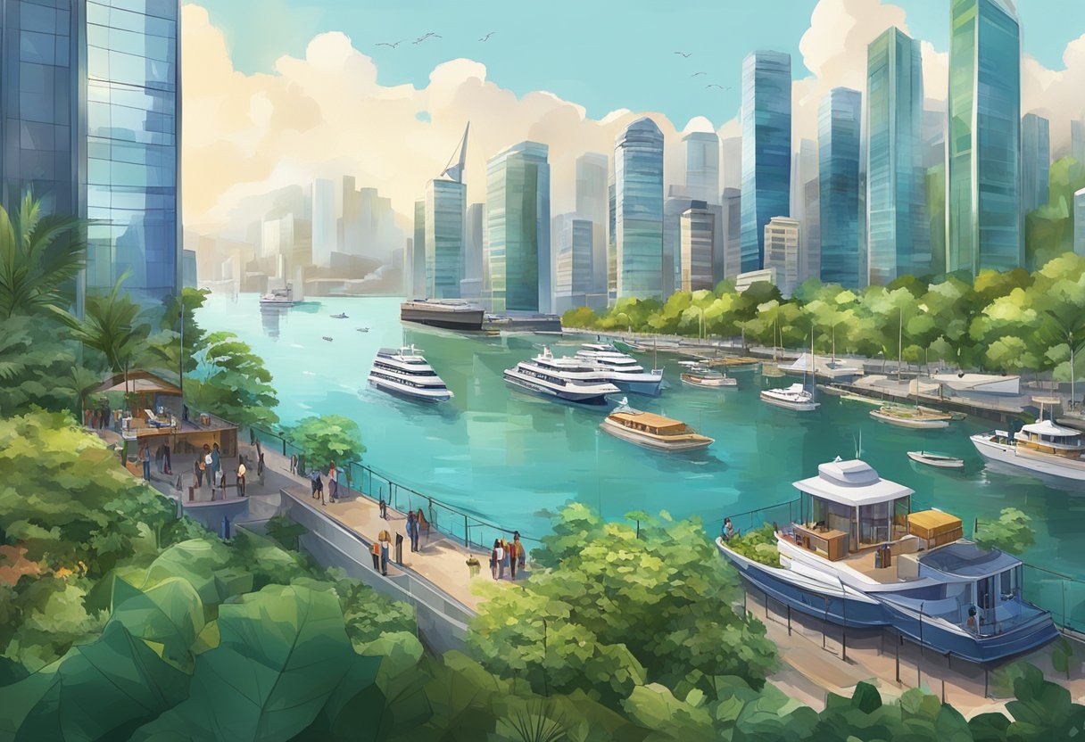 A bustling cityscape with modern skyscrapers, lush greenery, and a busy harbor with ships and boats at the waterfront