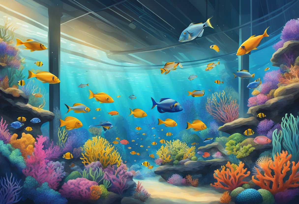 Colorful fish swim among vibrant coral reefs in a spacious tank, surrounded by curious onlookers at the Marine Life sea aquarium in Singapore