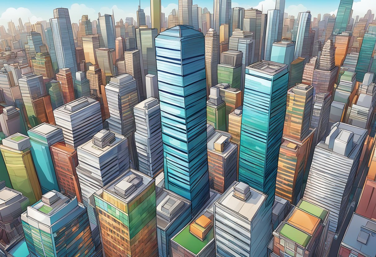 A vibrant cityscape with the iconic HSBC building dominating the skyline, surrounded by modern skyscrapers and bustling streets below