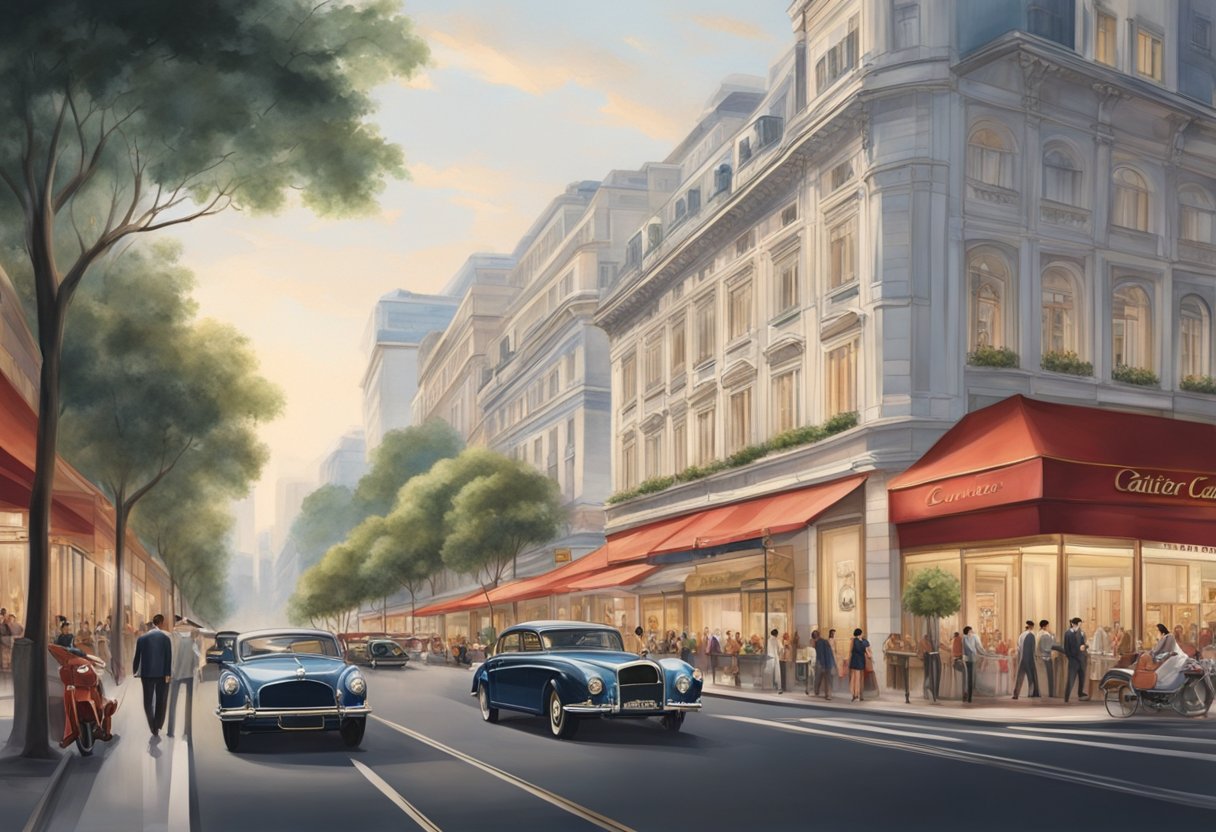 A bustling street in Cartier Singapore, with elegant storefronts and luxury cars lining the road. The iconic Cartier logo adorns the building, while well-dressed patrons browse the displays