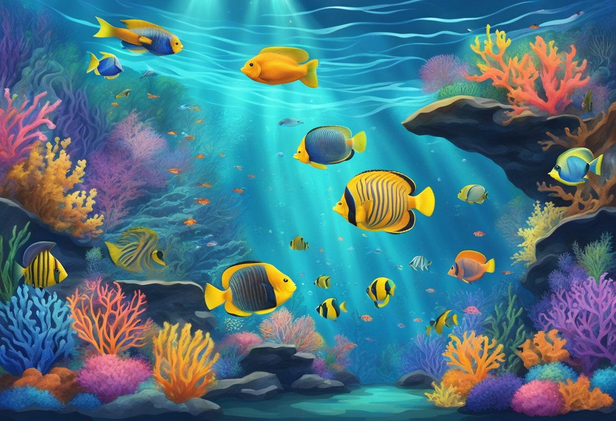Colorful marine life swirls around visitors in the Sea Aquarium, with vibrant corals and exotic fish creating a mesmerizing underwater world