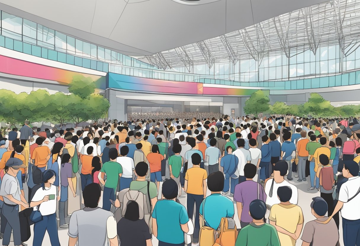 A bustling crowd lines up at the entrance of Singapore Indoor Stadium, while staff members answer questions and direct attendees