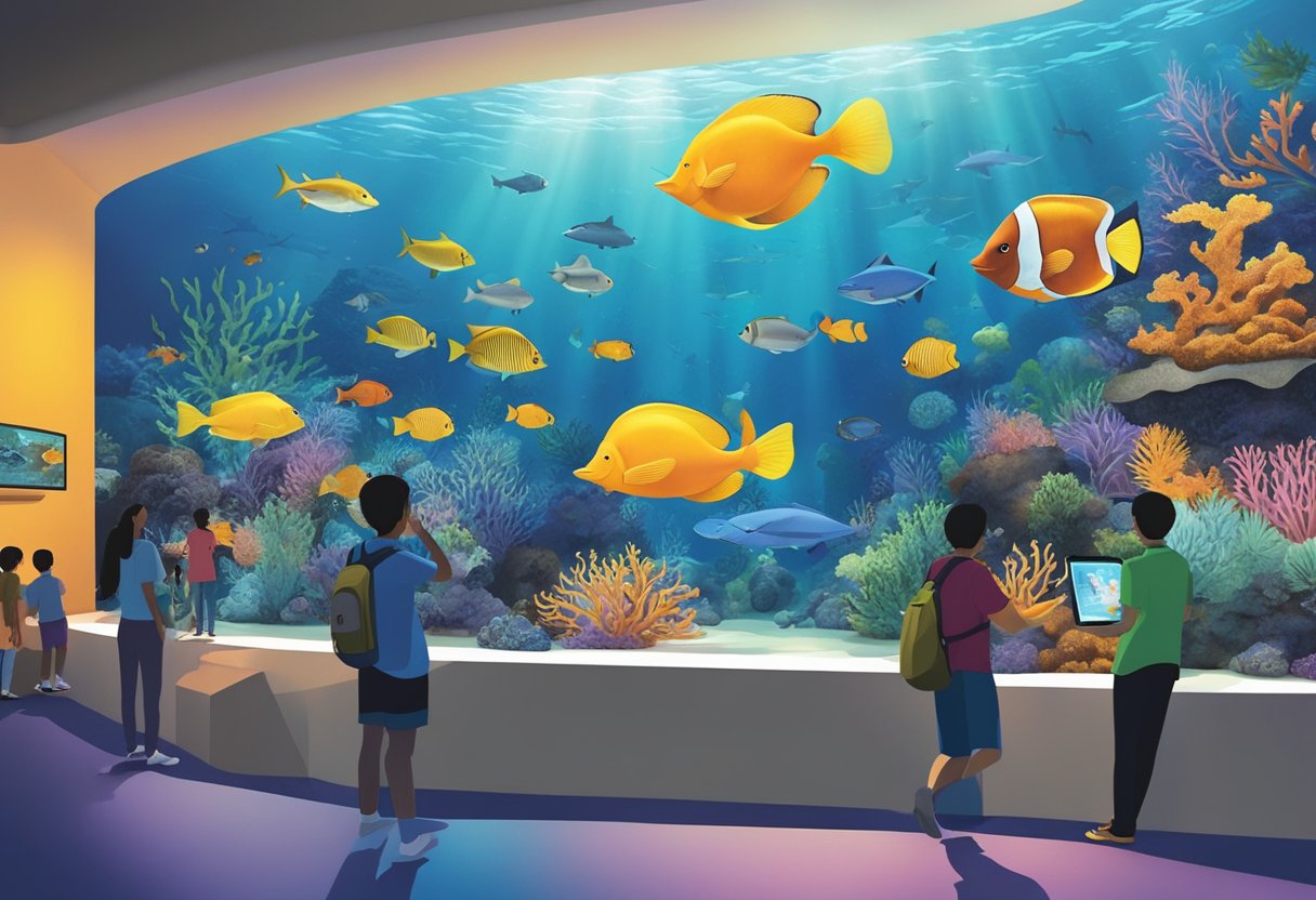 Colorful marine life swims in the vibrant tanks at the Sea Aquarium Singapore, as visitors read and interact with the Frequently Asked Questions displays