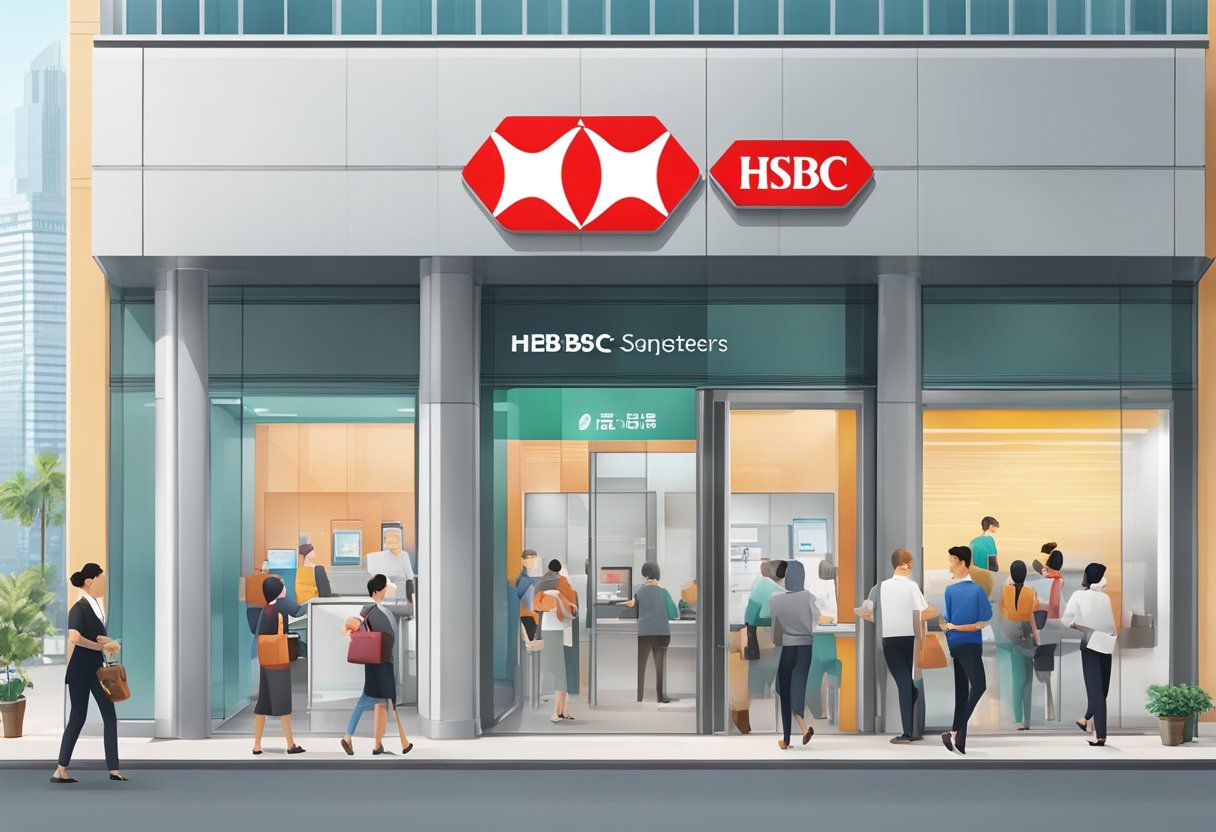 A bustling bank branch with customers at teller windows, employees assisting clients, and a prominent HSBC Singapore logo displayed above the entrance