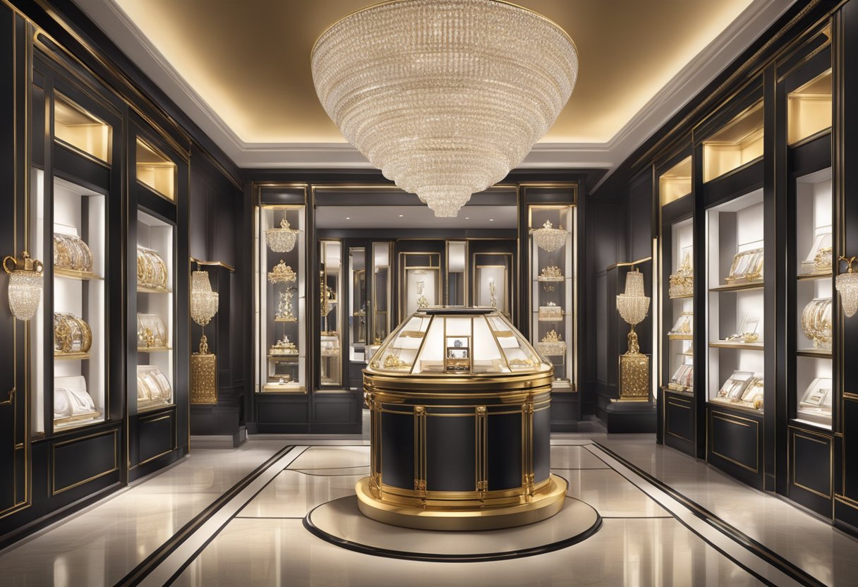 A luxurious display of Cartier's collections, featuring elegant jewelry and watches, set against a backdrop of opulent decor and sophisticated lighting