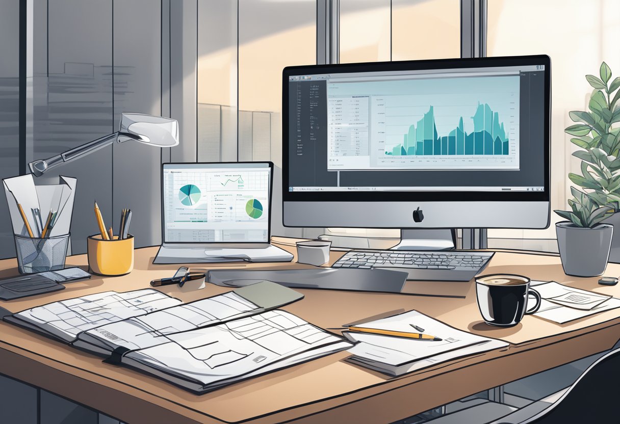 A serene office setting with a computer, desk, and financial charts on the wall. A cup of coffee sits next to a notebook filled with investment notes