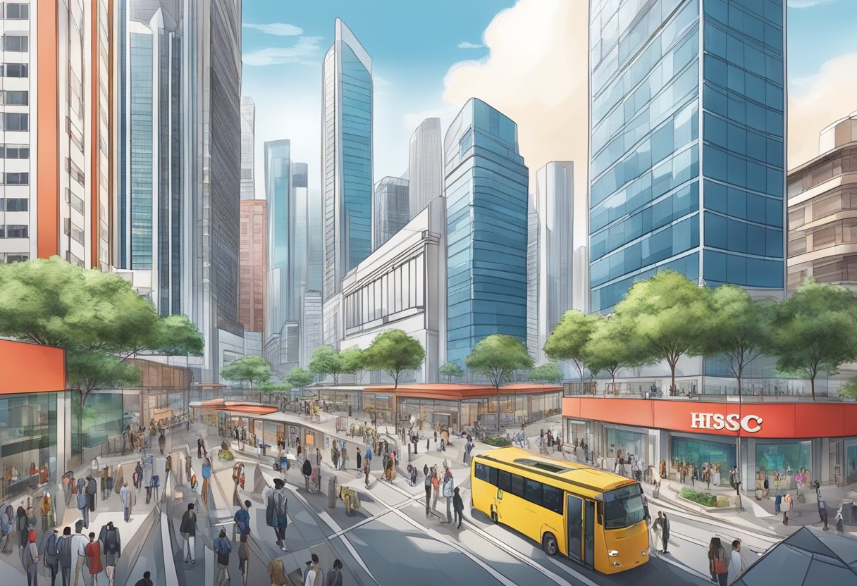 A bustling financial district with skyscrapers and a prominent HSBC Singapore branch, surrounded by professionals and potential investors