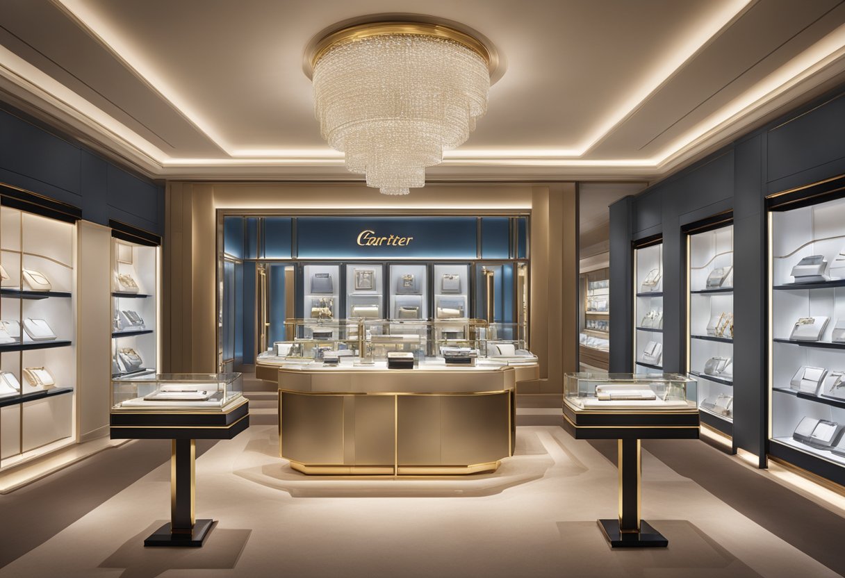 A luxurious display of Cartier jewelry and watches in a sleek, modern Singapore boutique. Bright lighting highlights the exquisite craftsmanship and elegant designs