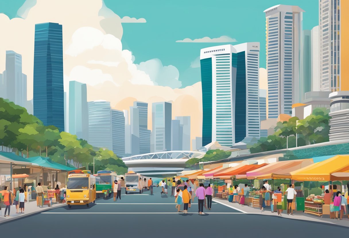 A bustling street in Singapore, with colorful buildings and vibrant street vendors. The iconic Marina Bay Sands hotel stands tall in the background