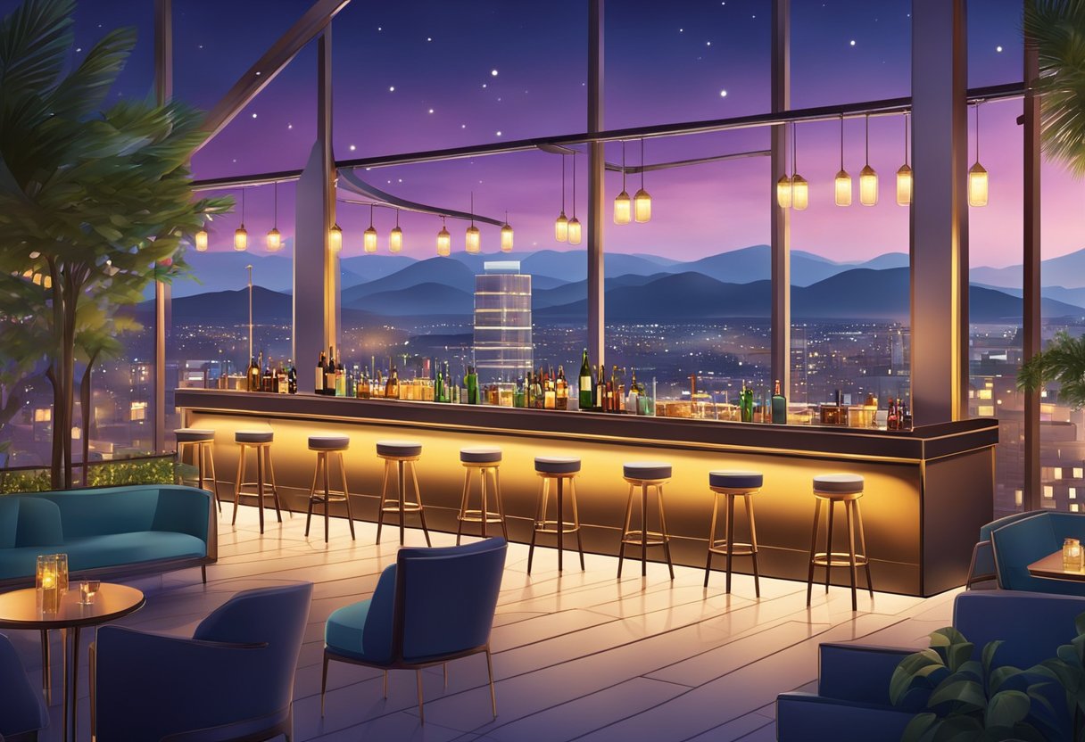 A vibrant rooftop bar with panoramic city views, elegant outdoor seating, and a lively atmosphere. Sparkling lights, sleek architecture, and a chic, modern ambiance