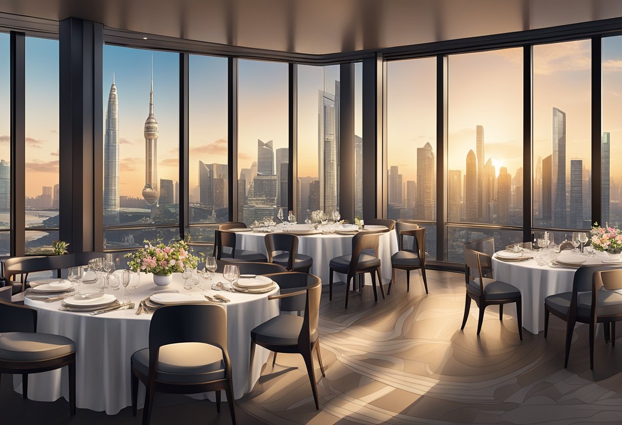 A table set with elegant dinnerware and a panoramic view of the city skyline through floor-to-ceiling windows at Lavo Singapore