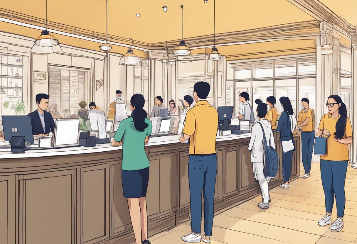 A bustling reception area with people lined up, signage, and a helpful staff member assisting a customer at the Lavo Singapore FAQ desk