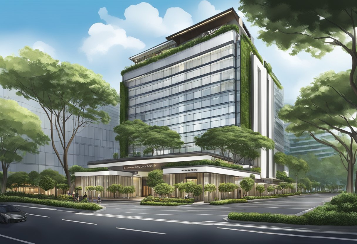 The Rendezvous Hotel in Singapore features a grand entrance with a striking modern facade and lush greenery, creating a welcoming and luxurious atmosphere