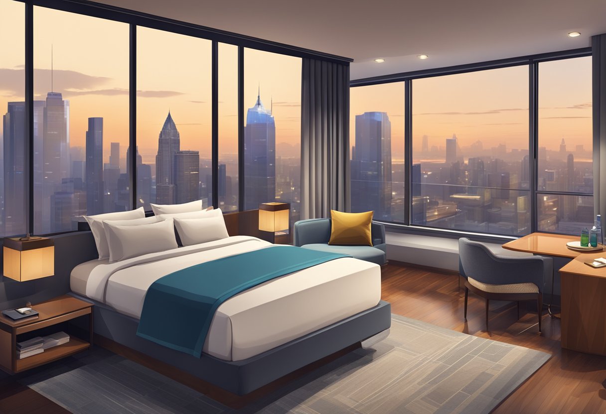 A spacious hotel room with a comfortable bed, modern furnishings, and a view of the city skyline. Amenities include a minibar, flat-screen TV, and a luxurious bathroom with a rain shower