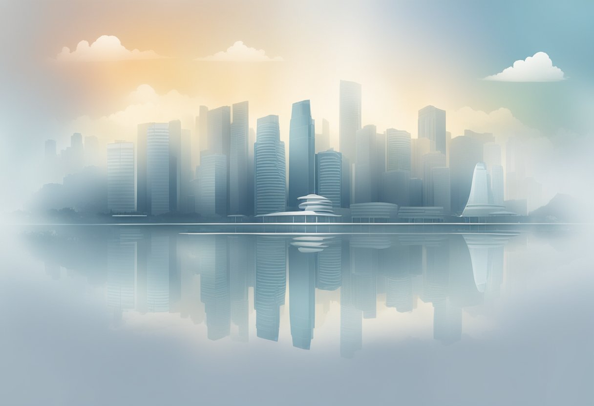 The city of Singapore is shrouded in a hazy atmosphere, with buildings and landmarks obscured by the thick fog