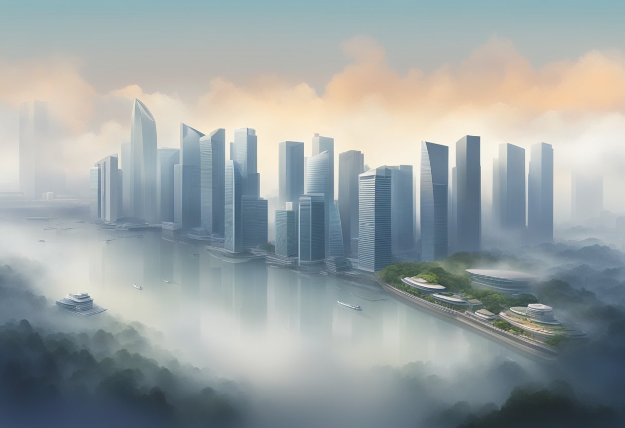 The skyline of Singapore is shrouded in a thick, hazy fog, obscuring the tall buildings and creating a surreal and otherworldly atmosphere