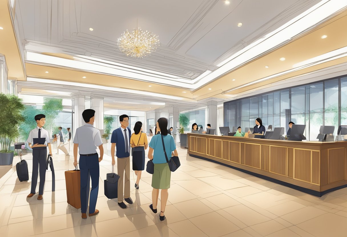 The lobby of Rendezvous Hotel Singapore bustles with guests seeking answers to their Frequently Asked Questions. The front desk is surrounded by a flurry of activity as staff members assist visitors with their inquiries