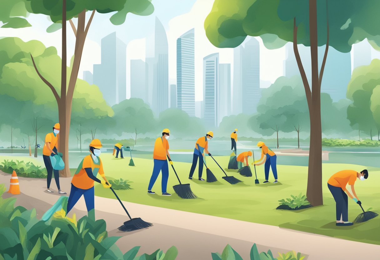 People planting trees and cleaning up litter in a hazy Singapore park