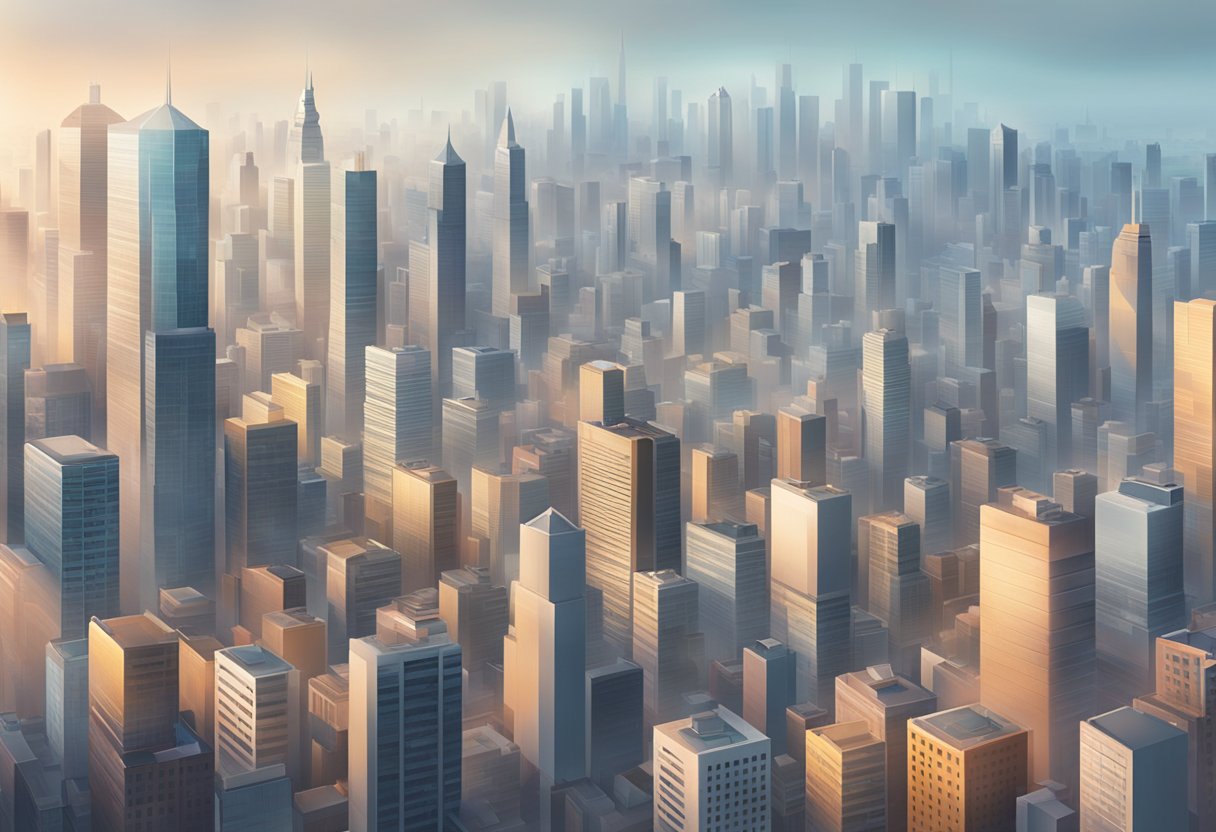 A bustling city skyline with a thick layer of haze hovering over the buildings and obscuring the horizon